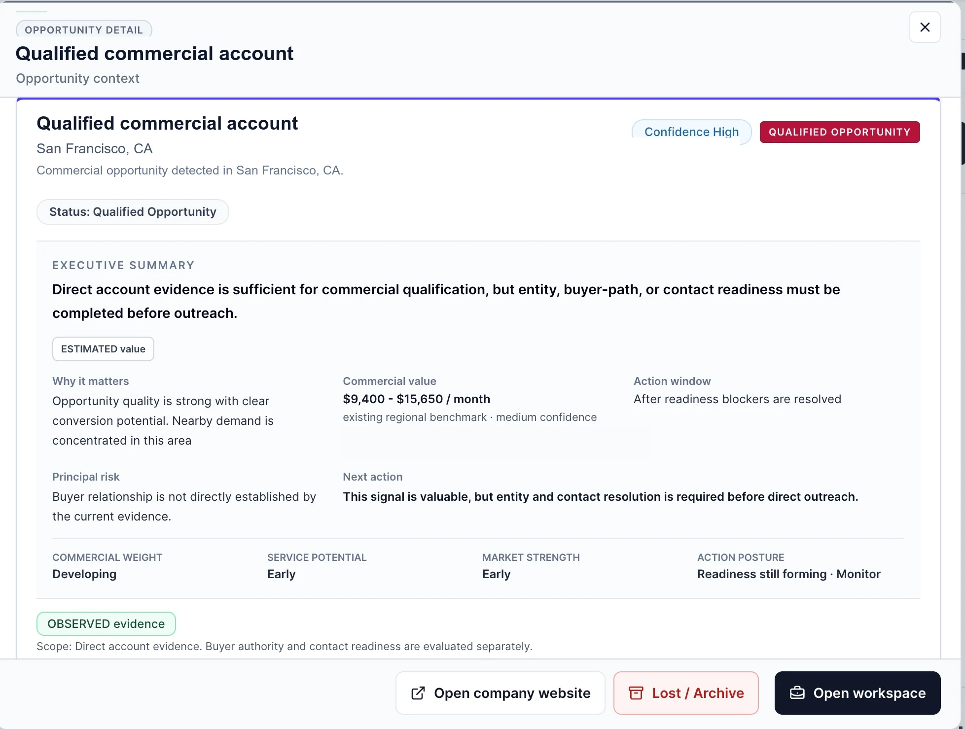 Sanitized OpsBridge qualified opportunity view showing commercial evidence, a regional planning benchmark, outreach readiness, and a prioritized next action